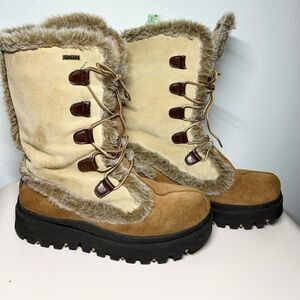 VTG Y2K Skechers Women's 10 Frolic Winter Suede Tan Brown Faux Fur Lace Up Boots